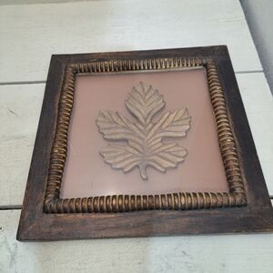 Vintage Rustic Solid Wood and Glass Framed Carved Wood Oak Tree Leaf 14" x14"
